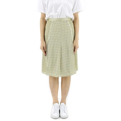 Burberry Ladies Monogram Print Silk Pleated Skirt In Pale Yellow Ip Pttn