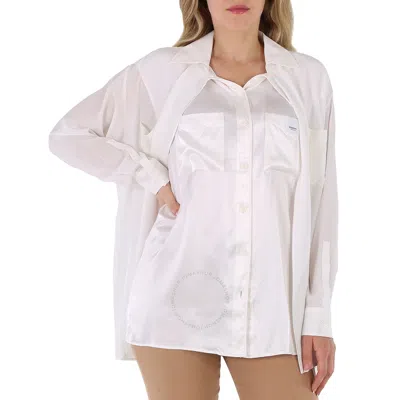Burberry Ladies Optic White Logo Applique Silk Satin Oversized Shirt