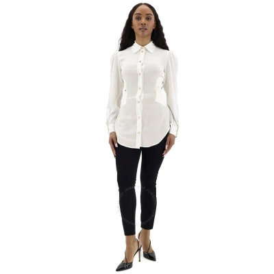 Burberry Ladies Optic White Logo Detail Cut-out Silk Shirt