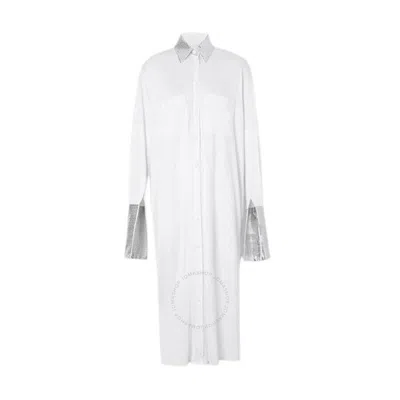 Burberry Ladies Optic White Mirrored Cotton Trim Silk Jersey Oversized Shirt Dress