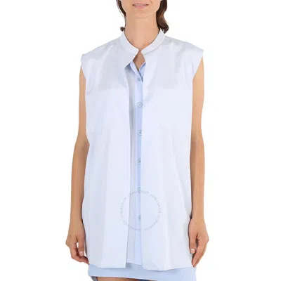 Burberry Ladies Pale Blue Suziesl Logo Detail Sleeveless Silk Crepe De Chine Shirt