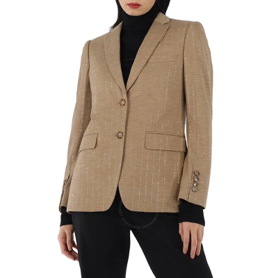 Burberry Ladies Pecan Melange Faux Crystal Pinstripes Wool Jersey Jacket In Brown