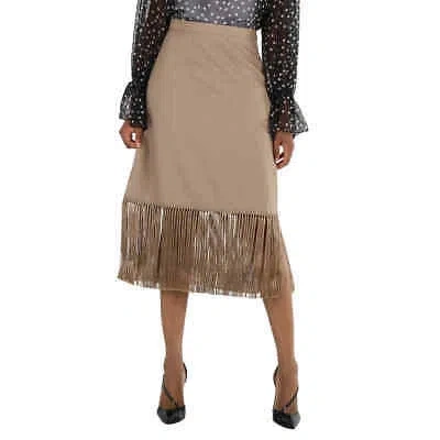 Pre-owned Burberry Ladies Pecan Melange High-waist Fring-hem Wool And Cashmere Skirt,