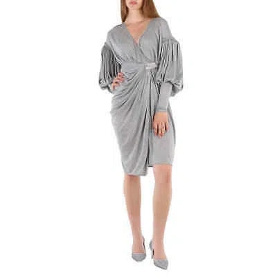 Pre-owned Burberry Ladies Pewter Melange Draped-front Balloon-sleeve Jersey Dress, Brand In Gray