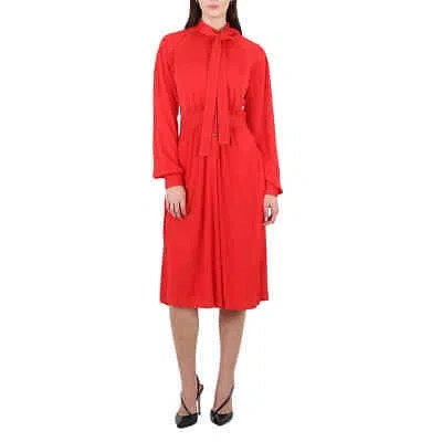 Pre-owned Burberry Ladies Red Topstitch Detail Jersey Tie-neck Dress