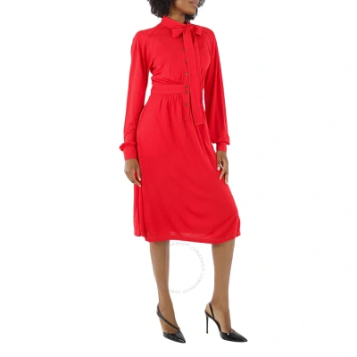 Burberry Ladies Red Topstitch Detail Jersey Tie-neck Dress In Bright Red