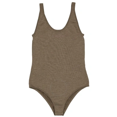 Burberry Ladies Rib Knit Technical Cashmere Logo Detail Bodysuit In Pecan Melange In Green