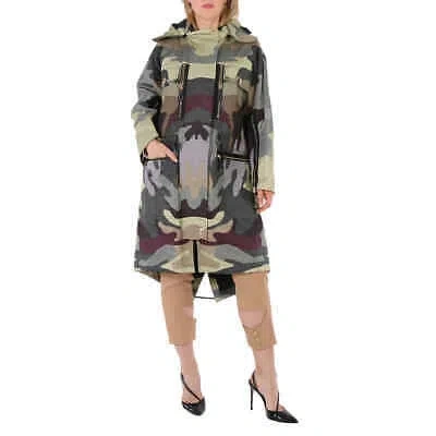 Pre-owned Burberry Ladies Sage Green Single-breasted Camouflage-print Cotton Parka, Brand