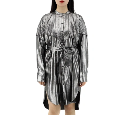 Burberry Ladies Silk Lurex Shirt Dress With Pleats In Silver