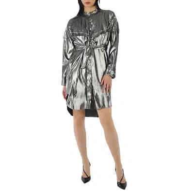 Pre-owned Burberry Ladies Silk Lurex Shirt Dress With Pleats In Silver