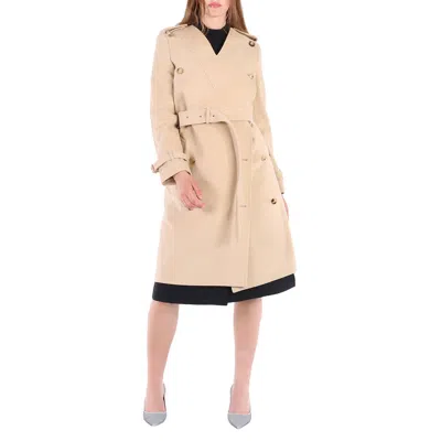 Pre-owned Burberry Ladies Soft Fawn Wool Cashmere V-neck Double-breasted Trench Coat, In Check Description