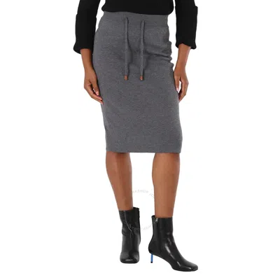 Burberry Ladies Storm Grey Melange Logo Cashmere-blend Drawstring Midi Skirt In Gray