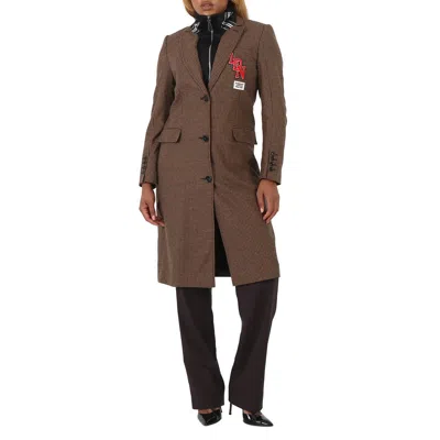 Pre-owned Burberry Ladies Tarrel Houndstooth Check Tailored Coat With Track Top Detail, In Brown