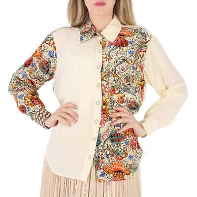 Pre-owned Burberry Ladies Vanilla Juliette Floral-print Paneled Silk Oversized Shirt, In White