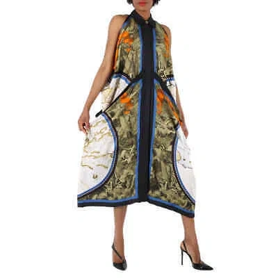 Pre-owned Burberry Ladies Vintage Green Map Print Drape Silk Dress