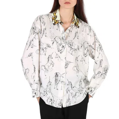 Burberry Ladies White / Black Ruka Unicorn Sketch Print Shirt In White/black