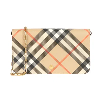 Pre-owned Burberry Large Check Chain Strap Wallet 'sand' | Tan | Women's Size Onesize