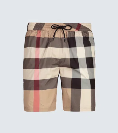 Burberry Check Print Polyester Swim Trunks In Brown