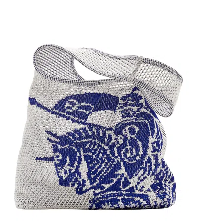 Burberry Large Crochet Equestrian Knight Design Shoulder Bag In White