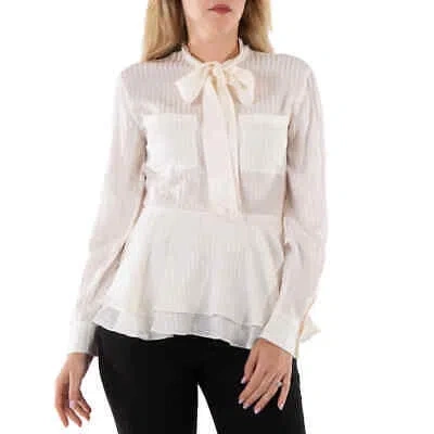 Pre-owned Burberry Leah Silk Tie-neck Peplum Blouse In Natural White