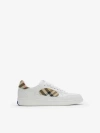 Burberry Men Low-top Leather Sneakers With Check Inserts In White/sand