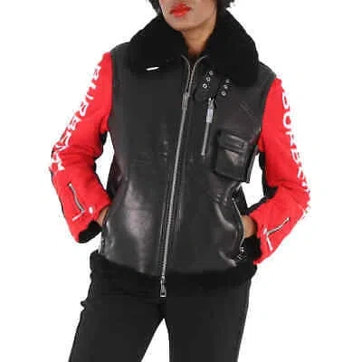 Pre-owned Burberry Leather And Shearling Contrast Sleeve Aviator Jacket In Black