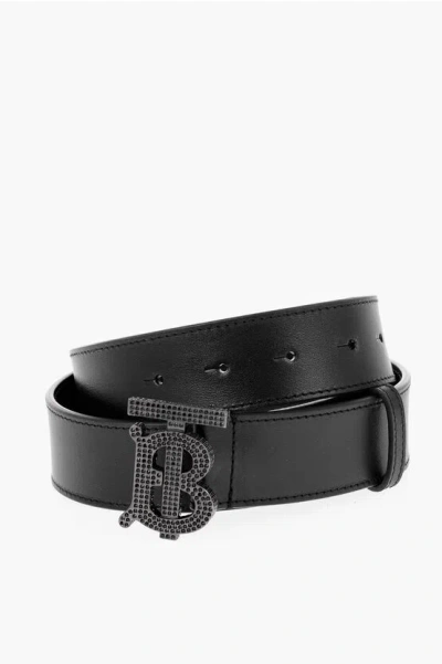 Burberry Leather Belt With Rhinestone Buckle 35mm In Black