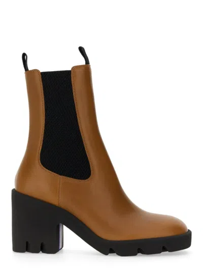 Burberry Leather Boots With High Block Heel In Brown