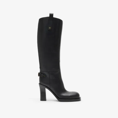 Burberry Leather Cavalier Heel Boots In Black