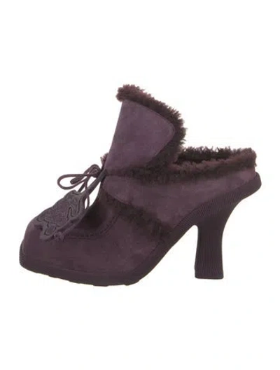 Pre-owned Burberry Leather Fur Trim Mules In Purple