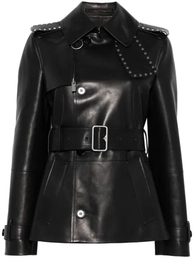 Burberry Short Leather Jacket With Studs And Buckle In Black