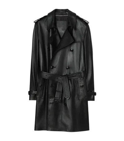 Burberry Leather Kensington Trench Coat In Black