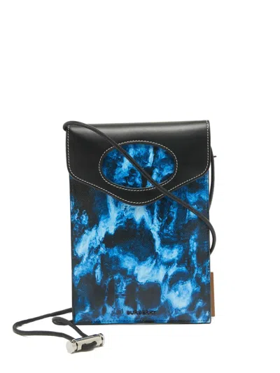 Pre-owned Burberry Leather Marble-print Phone Bag In Blue
