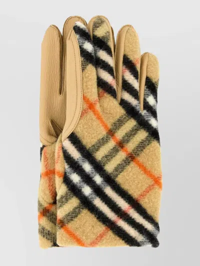 Burberry Leather Palm Plaid Pattern Wool Blend Gloves