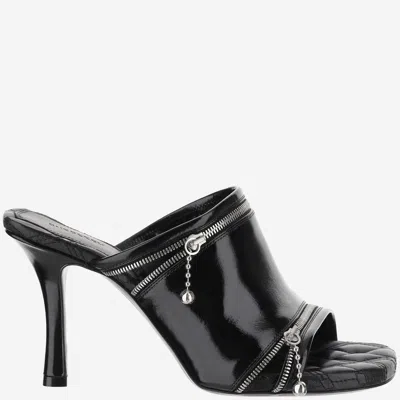 Burberry Glossy Leather Peep Mules In Black