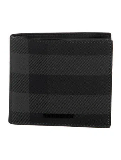 Pre-owned Burberry Leather Plaid Print Bifold Wallet In Black