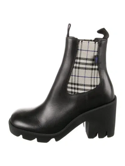 Pre-owned Burberry Leather Plaid Print Chelsea Boots In Black