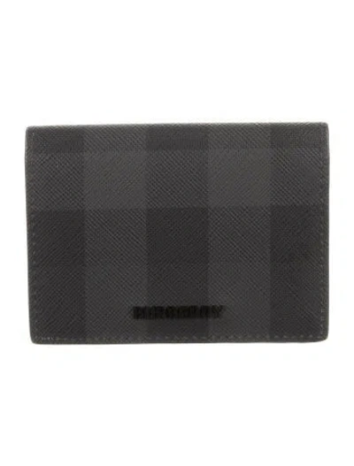 Pre-owned Burberry Leather Plaid Print Compact Wallet In Gray