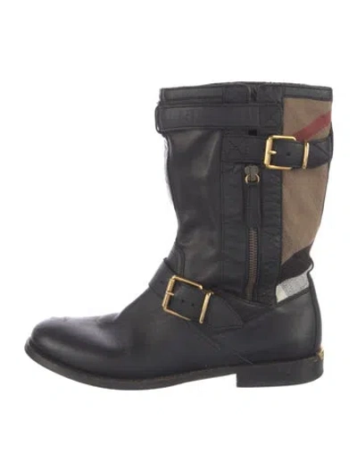Pre-owned Burberry Leather Plaid Print Moto Boots In Black