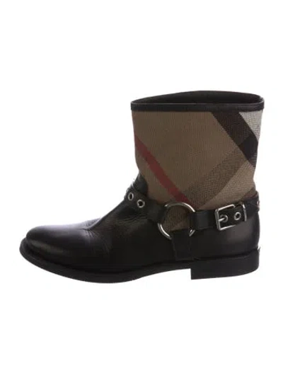 Pre-owned Burberry Leather Plaid Print Moto Boots In Black