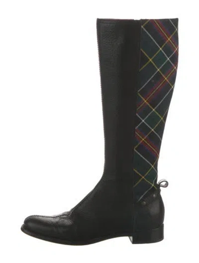 Pre-owned Burberry Leather Plaid Print Riding Boots In Black