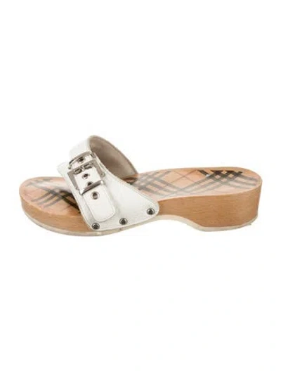 Pre-owned Burberry Leather Plaid Print Slides In White
