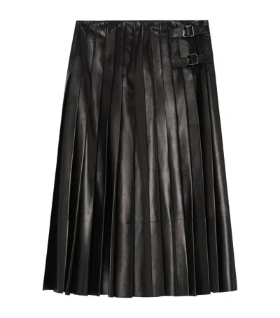 Burberry Leather Pleated Midi Skirt In Black