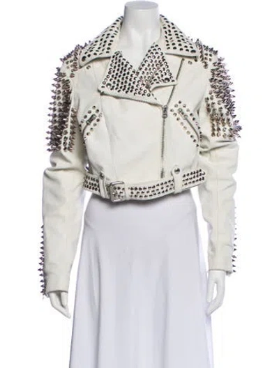 Pre-owned Burberry Leather Printed Biker Jacket In White