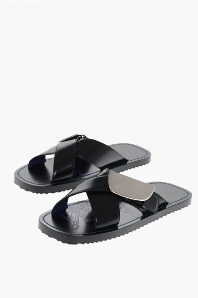 Burberry Strip Shield Leather Slippers In Black