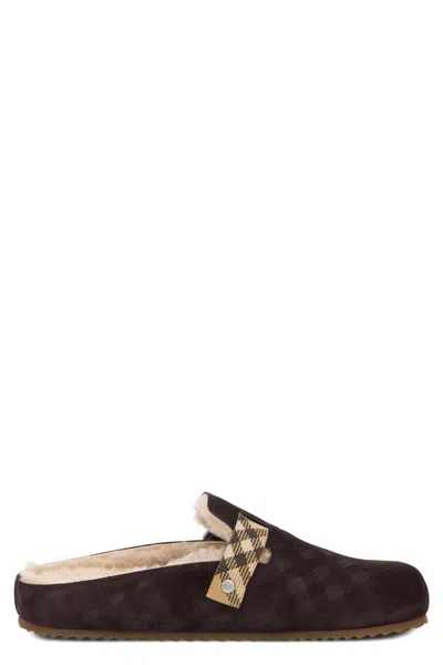 Burberry Leather Slide Slippers With Fur-trim Top Closure In Brown