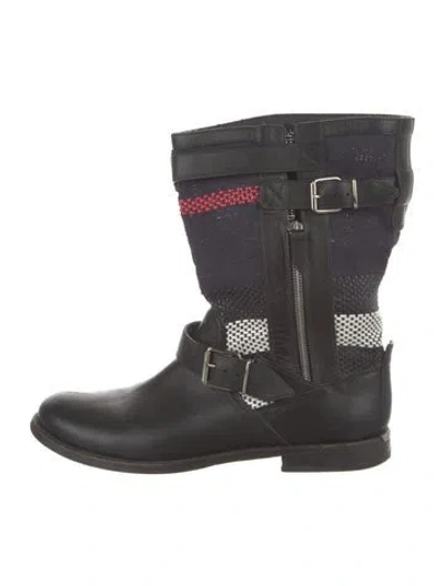 Pre-owned Burberry Leather Striped Moto Boots In Black