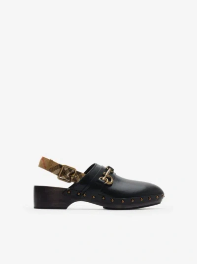 Burberry Leather Trunk Strap Clogs In Black/sand