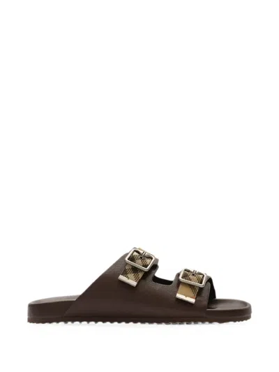 Burberry Leather Check Urchin Slides In Brown