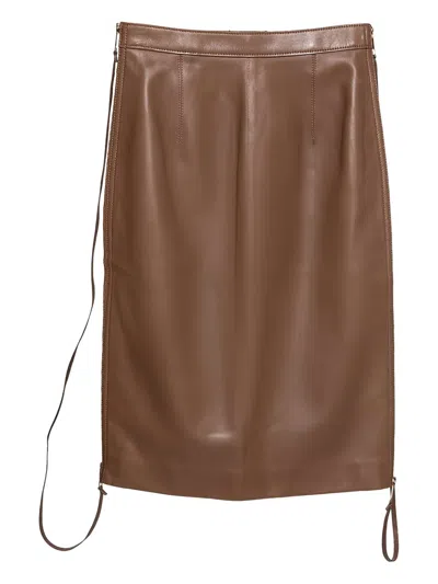 Pre-owned Burberry Leather Zipped Skirt In Brown